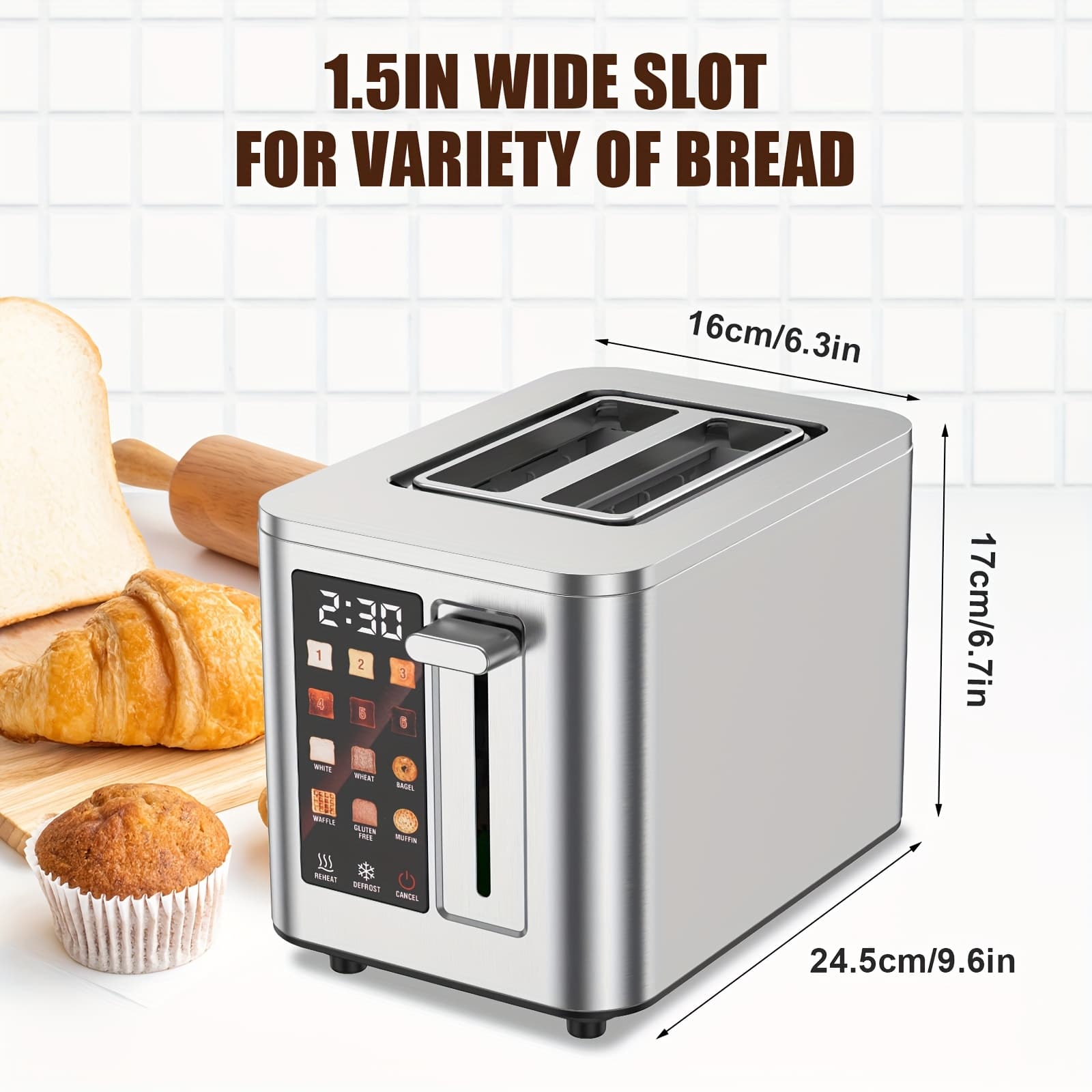 TEMU 2- Digital Touchscreen Toaster, Supports 6 Bread Types & 6 Toasting Levels, Widened Slots, Removable Drip Tray, Compact And Easy To Clean