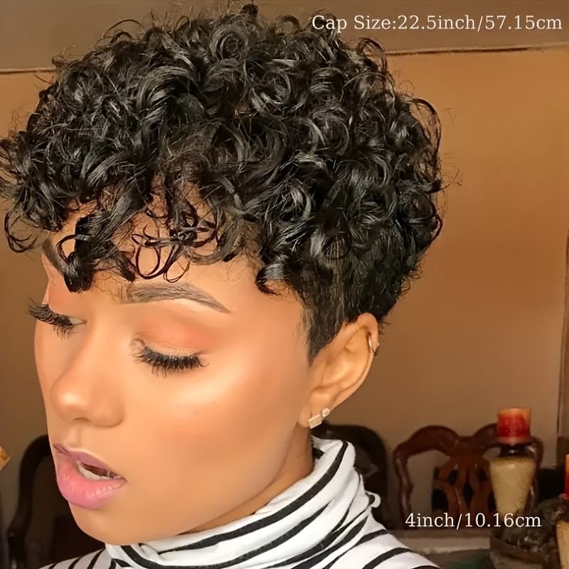 TEMU Chic Cut Wig With Bangs For Women - 180% Density Human Hair, Short Curly Layered Water Wave Style, For , Natural Look For Daily Wear & All Light Beige Tones, Hair Wig