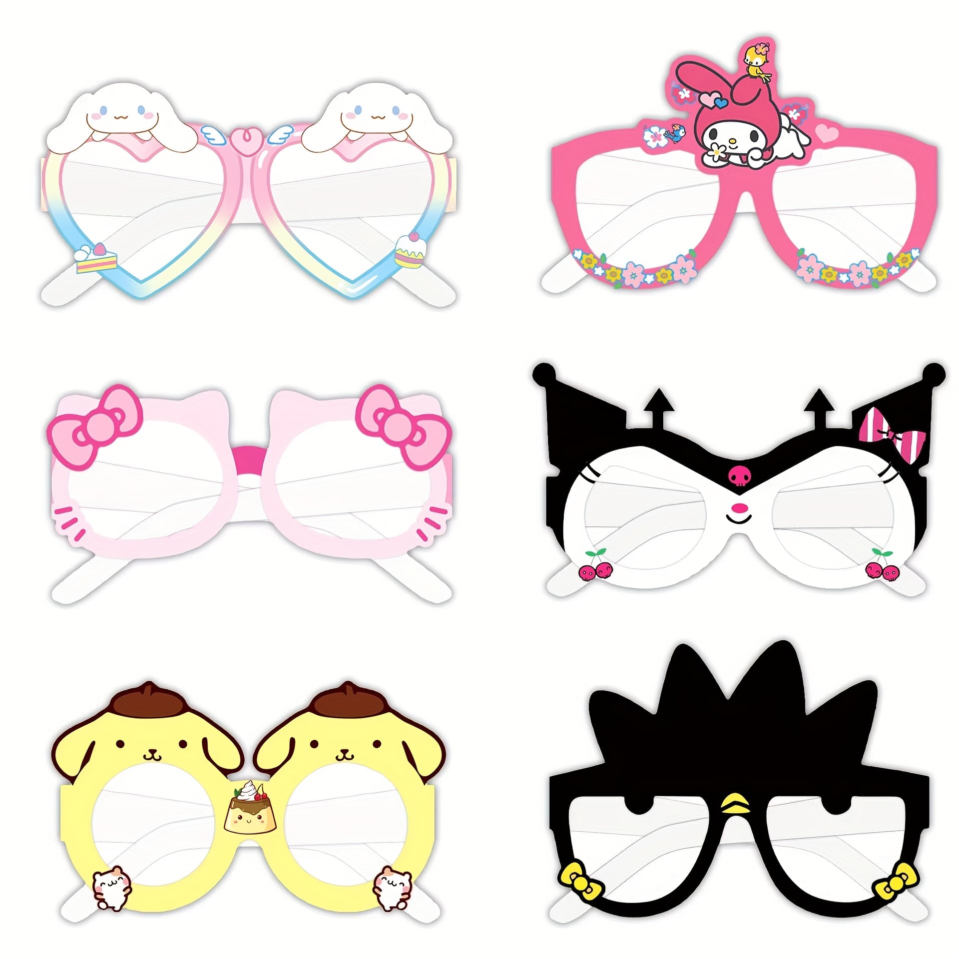 TEMU 12pcs Licensed Birthday Party Glasses Props Set Hello Kitty Kuromi My Melody Cinnamoroll Themed Paper Photobooth Eyewear Decorations With No Feathers For Seasonal Holiday Party Favors