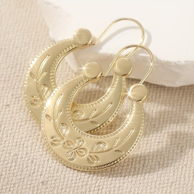 TEMU Vintage Copper Material Hand Carved Textured Earrings, Elegant Women's Golden Hoop Earrings, Bohemian Style Earrings For Daily Wear