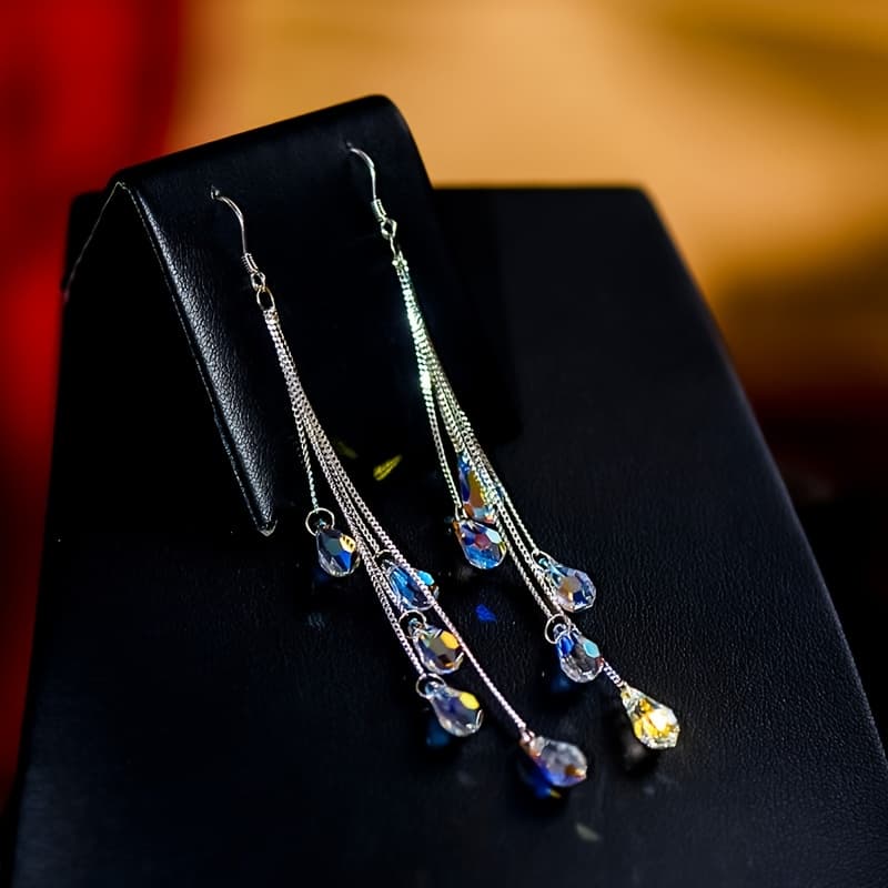 TEMU Luxury Artificial Crystal Long Water Drop Tassel Earrings For Women Long Hanging Earring Bridal Party Wedding Jewelry