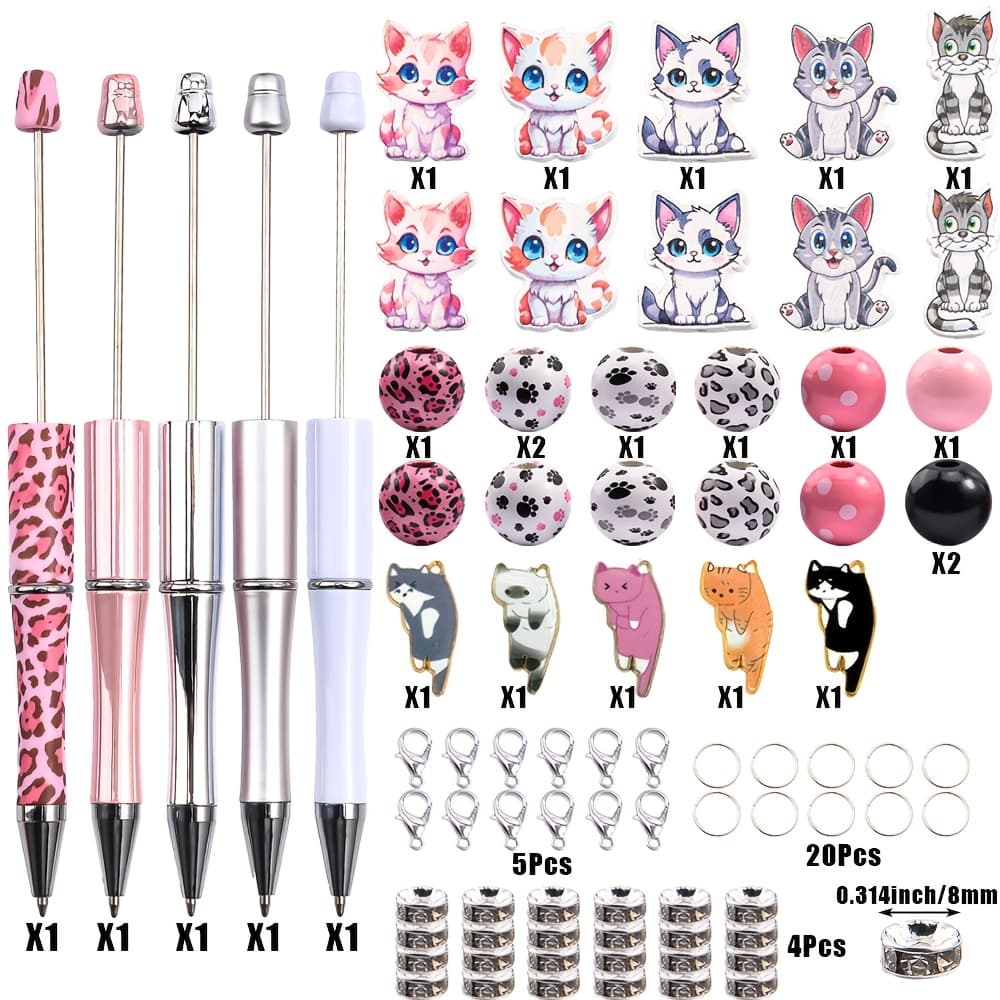 TEMU 5 Sets Of Cartoon Cat Wooden Bead Beads, Including Cat Pendant, Cat Paw Printed Wooden Bead Spacer Beads, Lobster Extension Chain, Perfect For Office Stationery And Gift