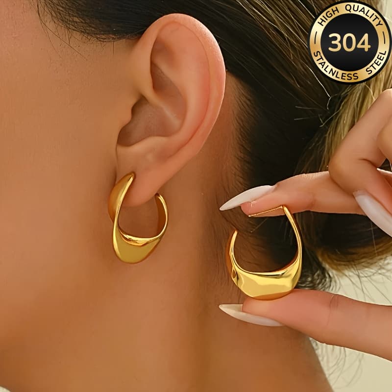 TEMU 1 Pair Of 2pcs Elegant Fashion Geometric Twisted Semi-c Shaped Earrings - Golden Stainless Steel, Hypoallergenic , Suitable For Casual Wear, Parties, And Gifts, Gift Jewelry