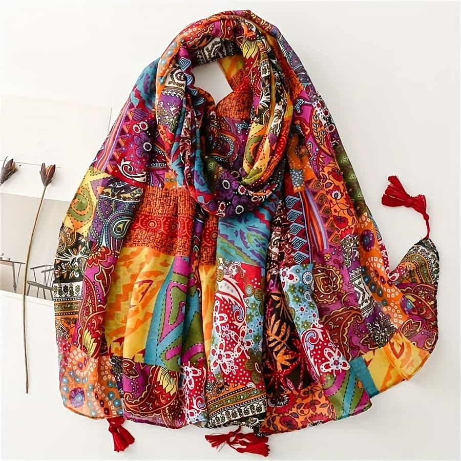 TEMU New Women's Bohemian -block Paisley Floral Pattern Soft Casual Fringe Scarf, Fashionable Wrap Shawl, Versatile Outdoor Accessory