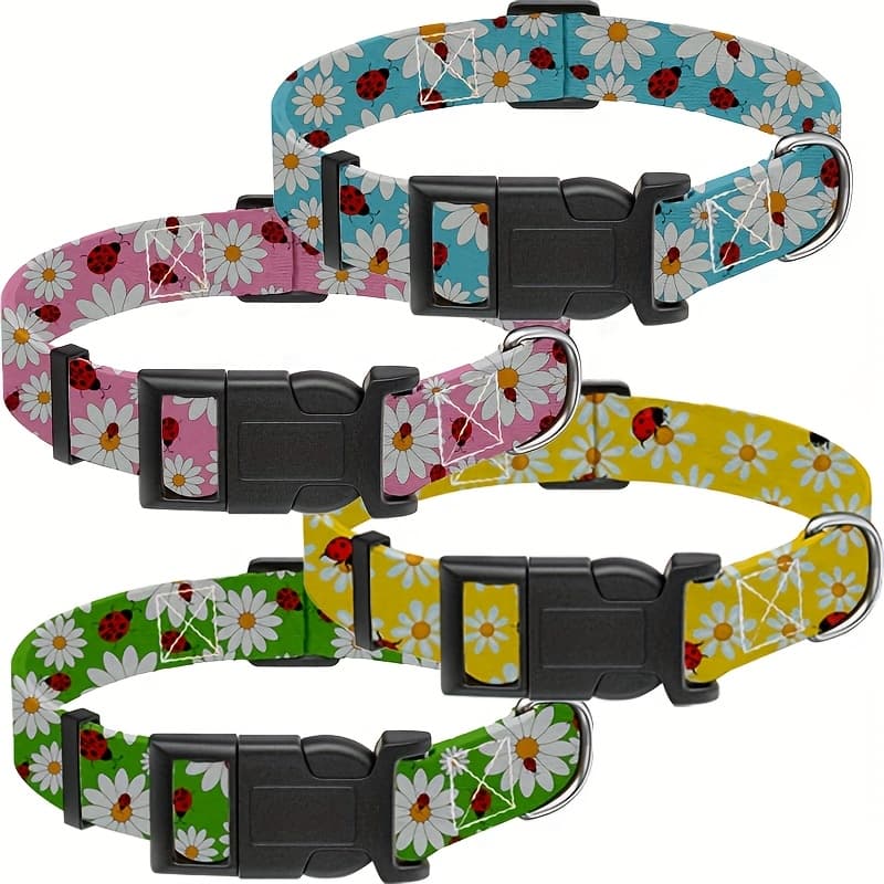 TEMU 4pcs Dog Collar Set, Pink Floral Boy Girl Puppy Collars, Suitable For Medium To Small Dogs, Adjustable Pet Collars, Pink Floral Safety Buckles (size S)
