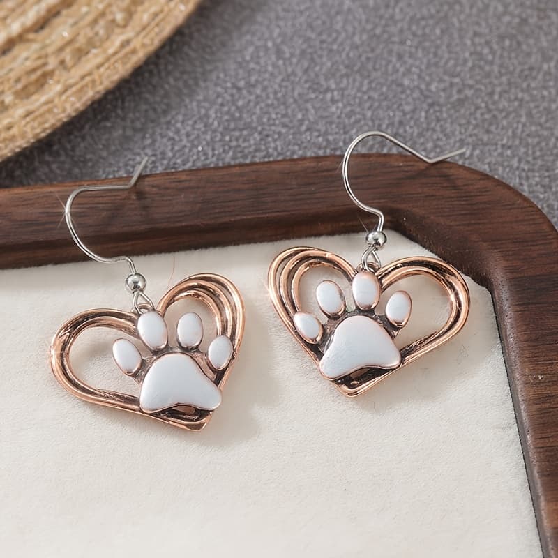 TEMU Funny Cat Claw Footprint Heart Designed 2 Drop Earrings Trendy Party Jewelry Cute Daily Lovely Pendant Earrings For Women