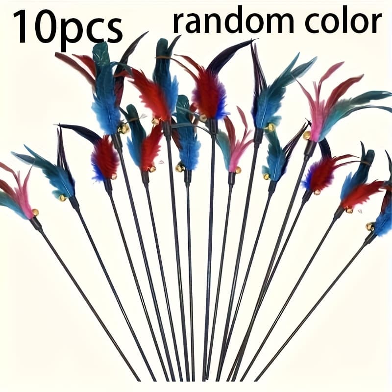 TEMU 5pcs/10pcs Cat Feather Stick Toy With Realistic Feathers And Bells - Durable Nylon/plastic Fun Pole, Random Color