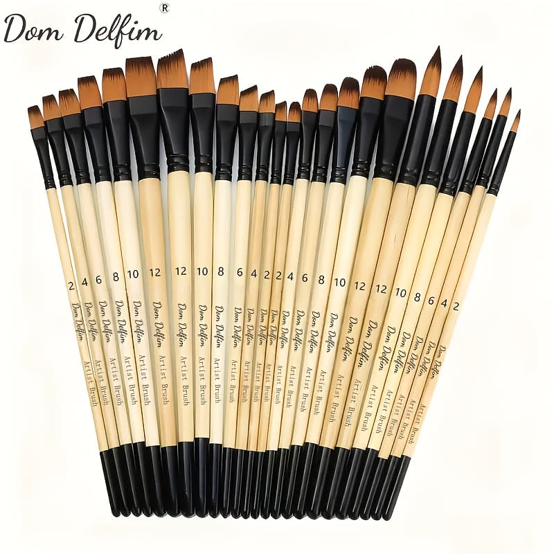 TEMU Dom 24pcs Professional Art Paint Brush Set With Nylon Bristles - Round Flat Angled Brushes, For Acrylic, Watercolor, Painting - Durable, Ideal For Detailed Artworks, School Supplies, Craft Lovers