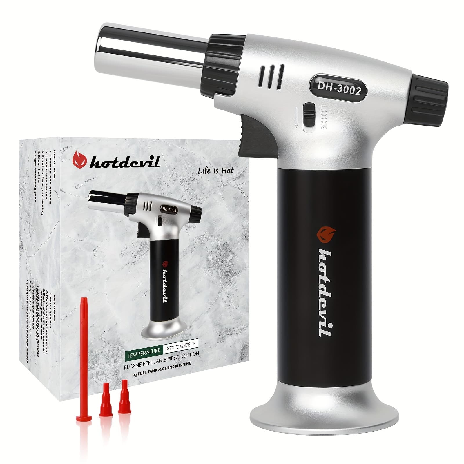 TEMU Butane Torch 9g Refillable Tank Kitchen Lighter/w Safety Lock Adjustable Flame Butane Cartridge Cooking Torch For Bbq Creme Brulee Dessert Baking (butane Gas Not )