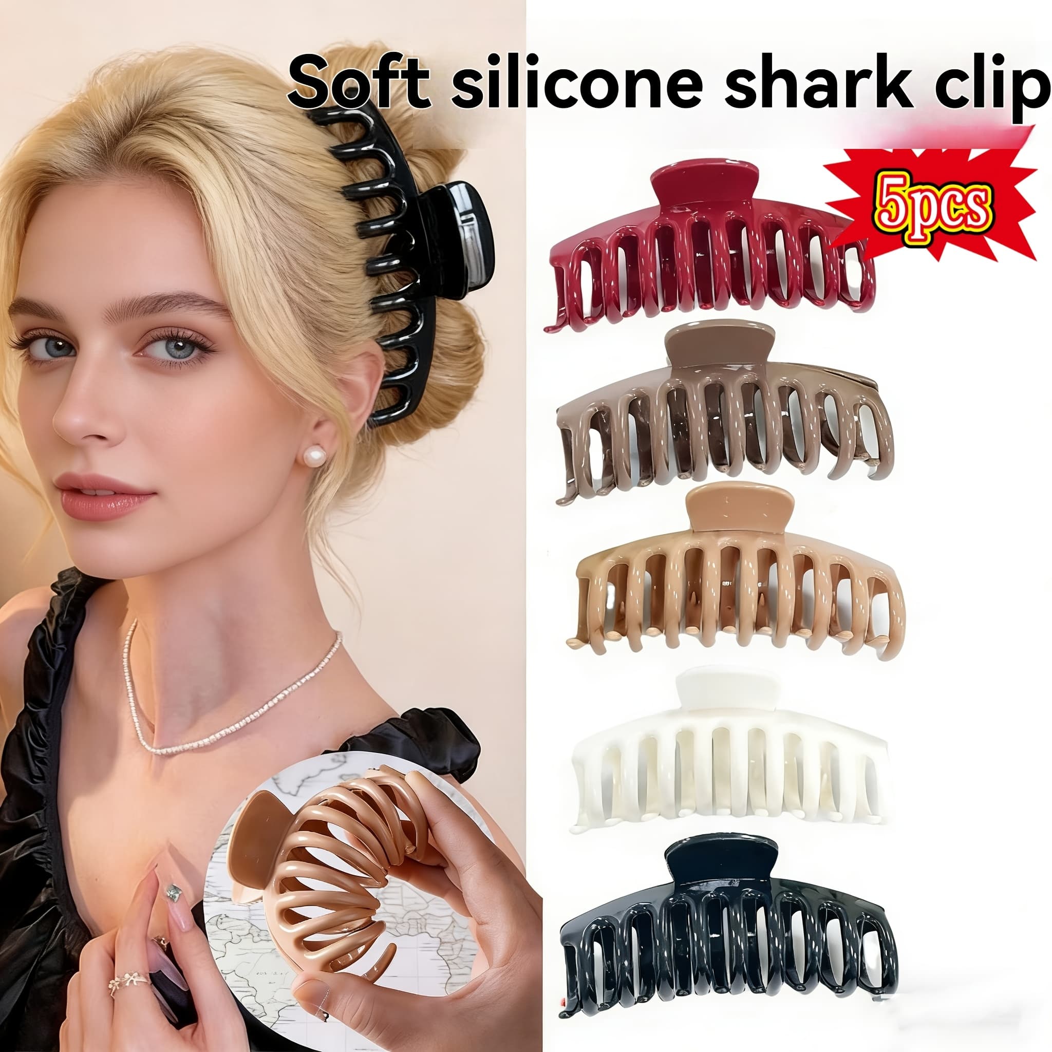 TEMU 5pcs Rubber Hair Clip With Shark Hair Clip At The Back Of , Large Clip With Anti Drop And Non Fragile Grip, Women's Hair Clip With Black, White, Red Khaki, , Large Hair Clip