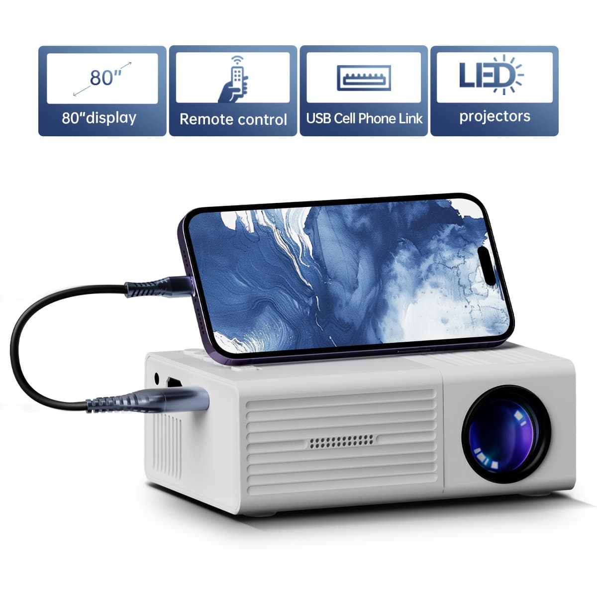 TEMU Mini Projector, Portable Video Projector, Native Resolution Of 1920*1080, Suitable For Use With Smartphones, Tablets And Usb, Offers Realistic 3d And Is Compatible With Devices.
