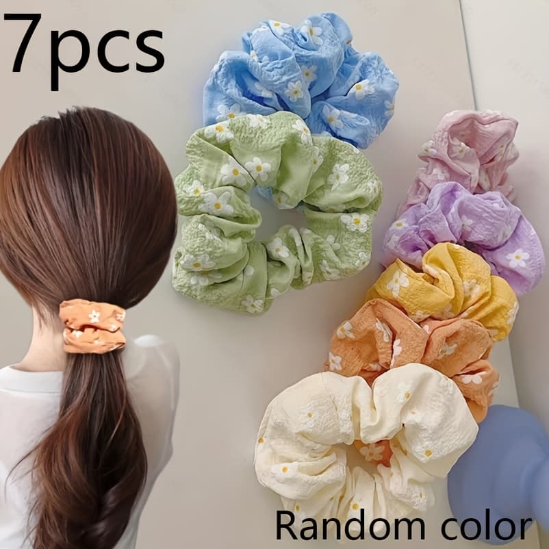 TEMU 7pcs Set, Random Colors, Style Small Daisy Scrunchies For Ponytails, Buns, And Updos