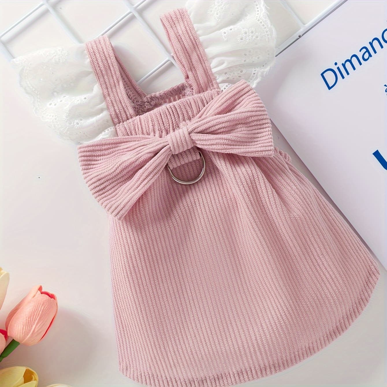 TEMU Kitten Dog Pink New Autumn And Suspender Bow Sweet Lace Flying Sleeve Pink Corduroy Princess Dress