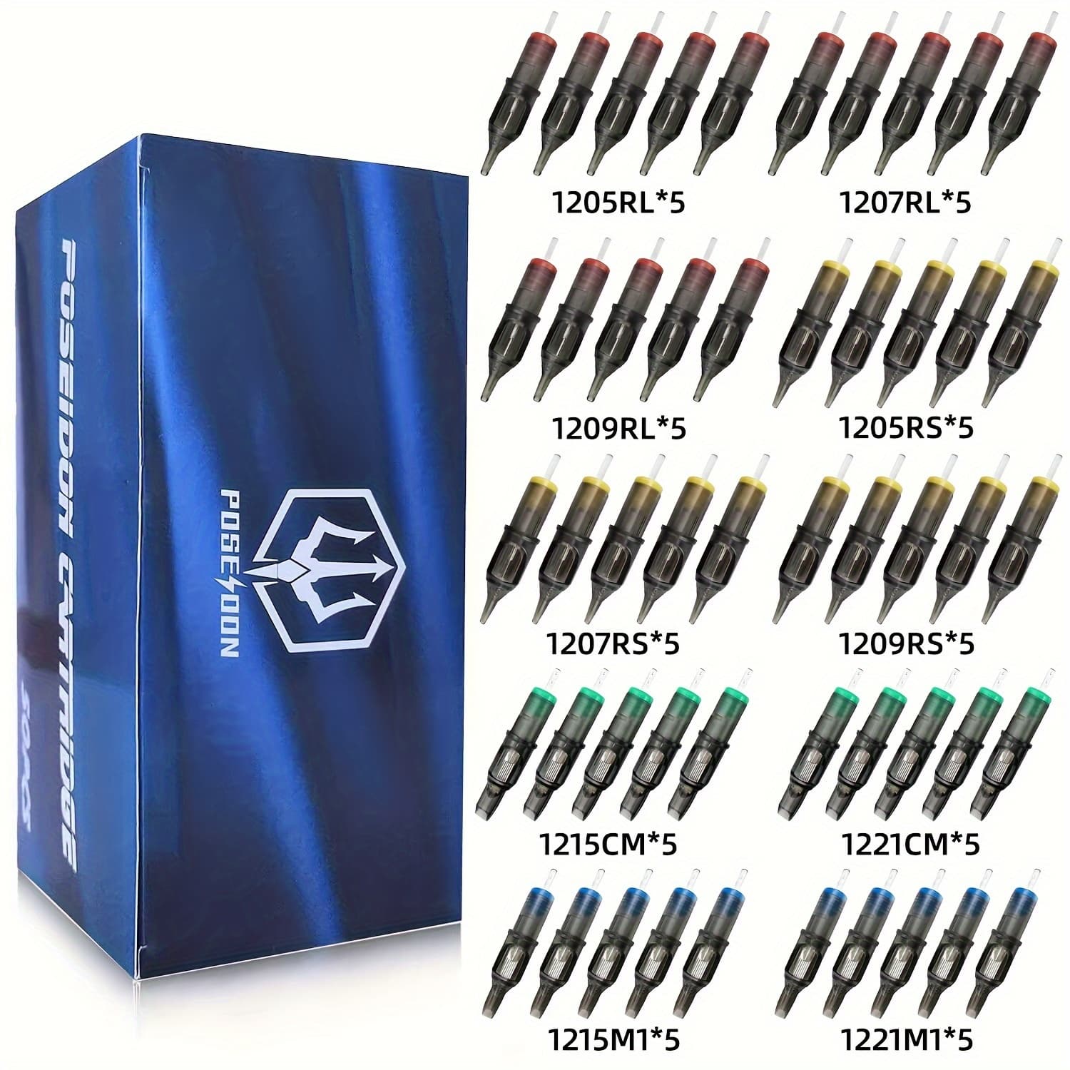 TEMU Poseidon Tattoo Cartridge Needles 50pcs Assorted Mixed Size Curved/round Magnum 12 Standard 5cm 7cm 9cm 11cm 13cm 15cm 17cm 19cm 23cm/rm Disposable Membrane Tattoo Needles Long Taper For Makeup