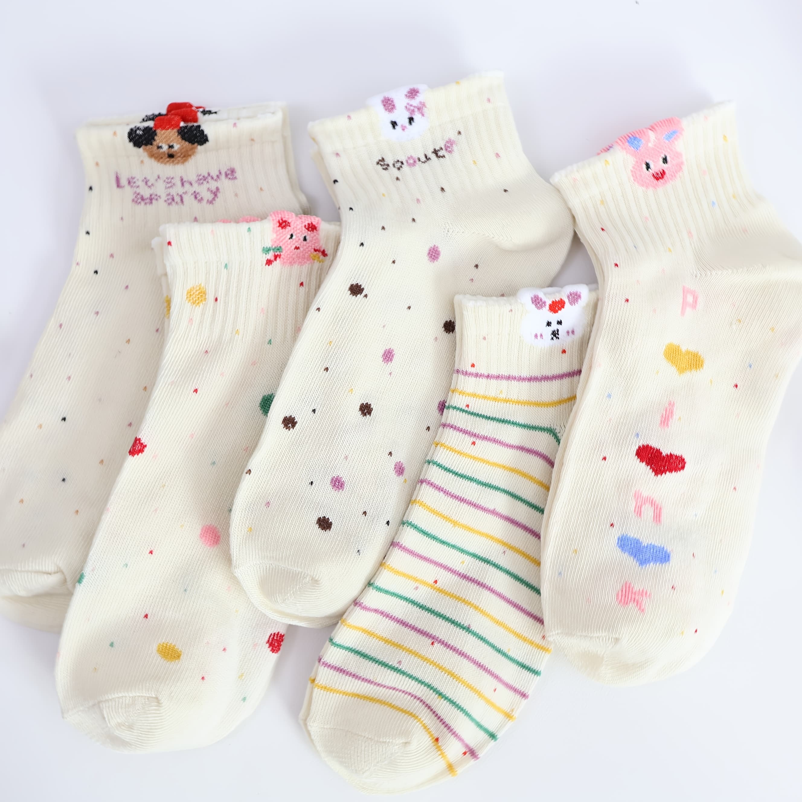 TEMU 5 Pairs Of Women's Comfortable And Versatile Cute Cartoon Bunny Striped Ankle Socks