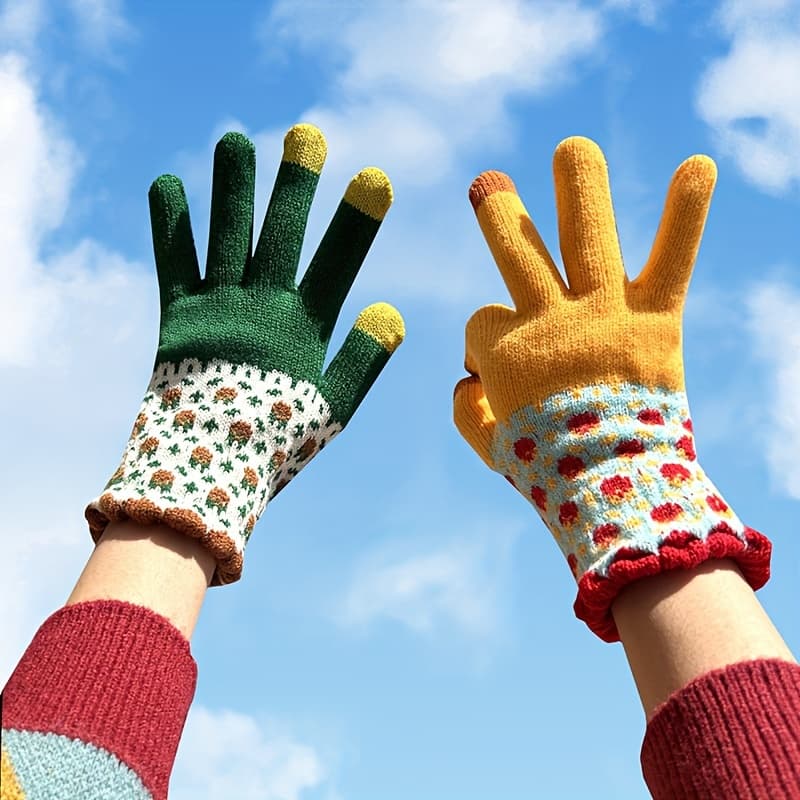 TEMU Women's Cute -lined Warm Winter Gloves, Five-finger Gloves For Students, Autumn And Winter Gloves