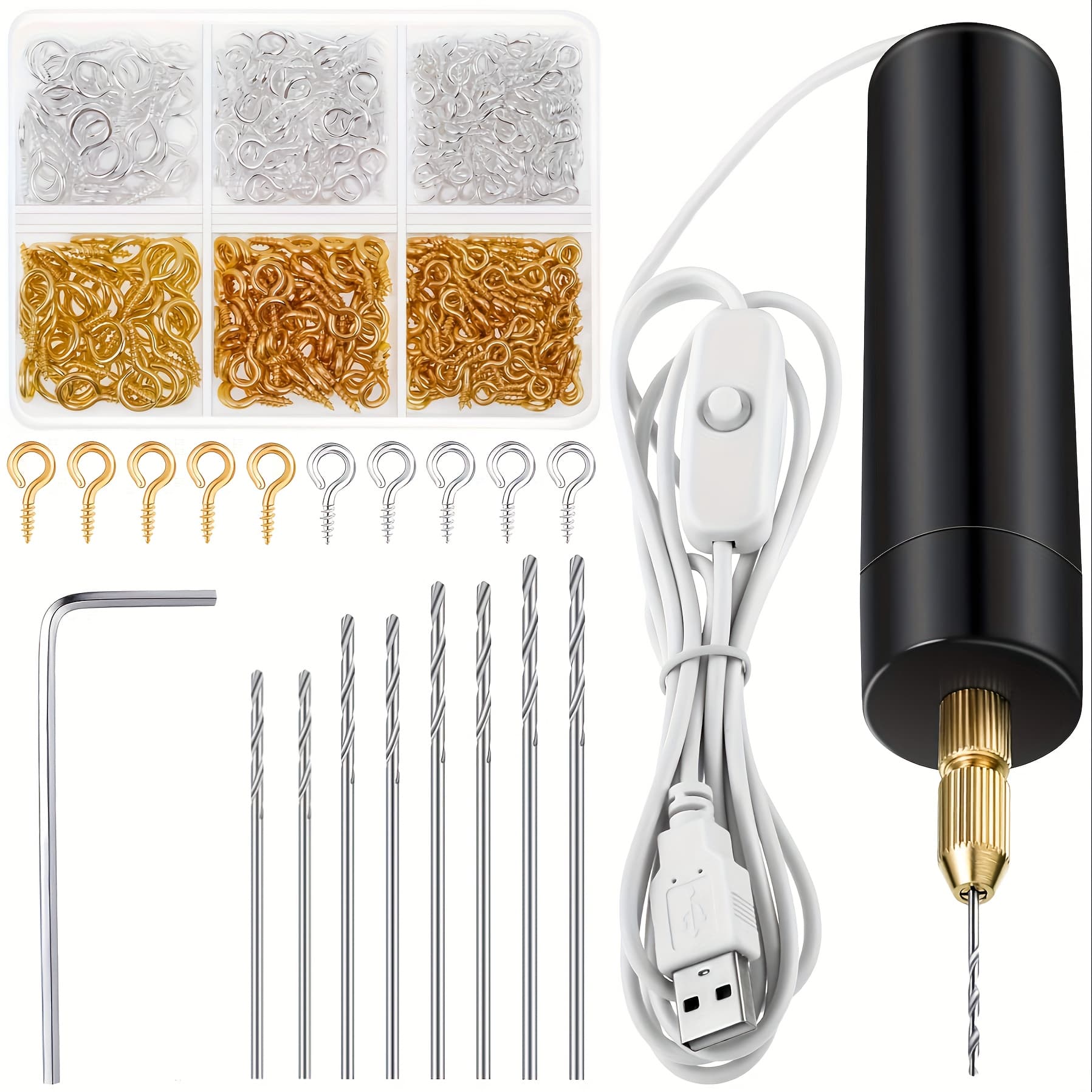 TEMU Electric Resin Drilling Set, Including 400 Golden And Silvery Eye Screws, 8 Twist Drill Tools, Electric Mini Drill With Wrench, Hexagonal Pin Vise, Resin Casting Mold, Keychain, Crafts Making