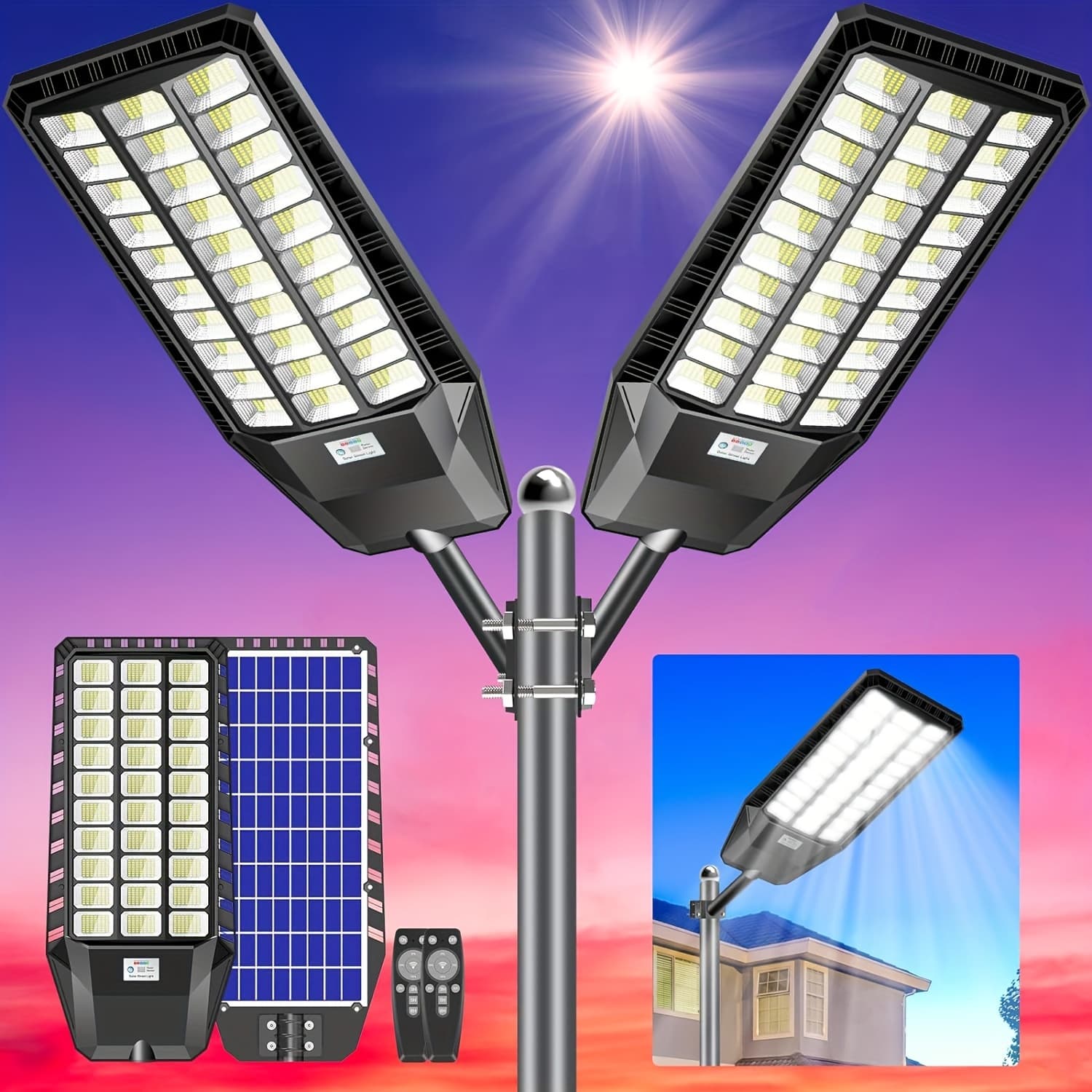 TEMU Adewalk 2 Pack Solar Street Lights Outdoor, Solar Lights High Brightness Commercial Street Light Solar Powered Dusk To Dawn With Motion Sensor