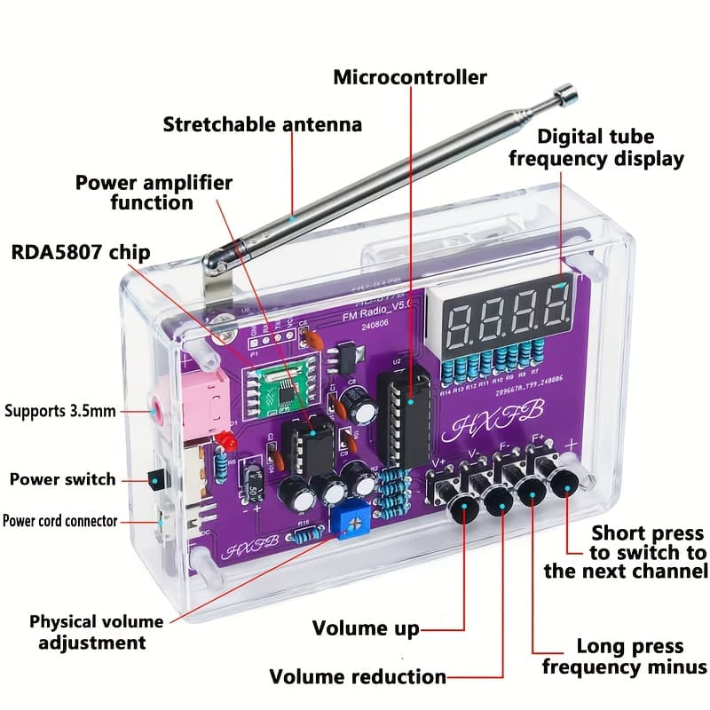 TEMU Fm Radio Building Kit With Led Display & Soldering Practice Station - Diy Electronics Learning System Suitable For, Adults, Hobbyists, With Tuning Knob, Volume Control, Antenna, Power Supply For