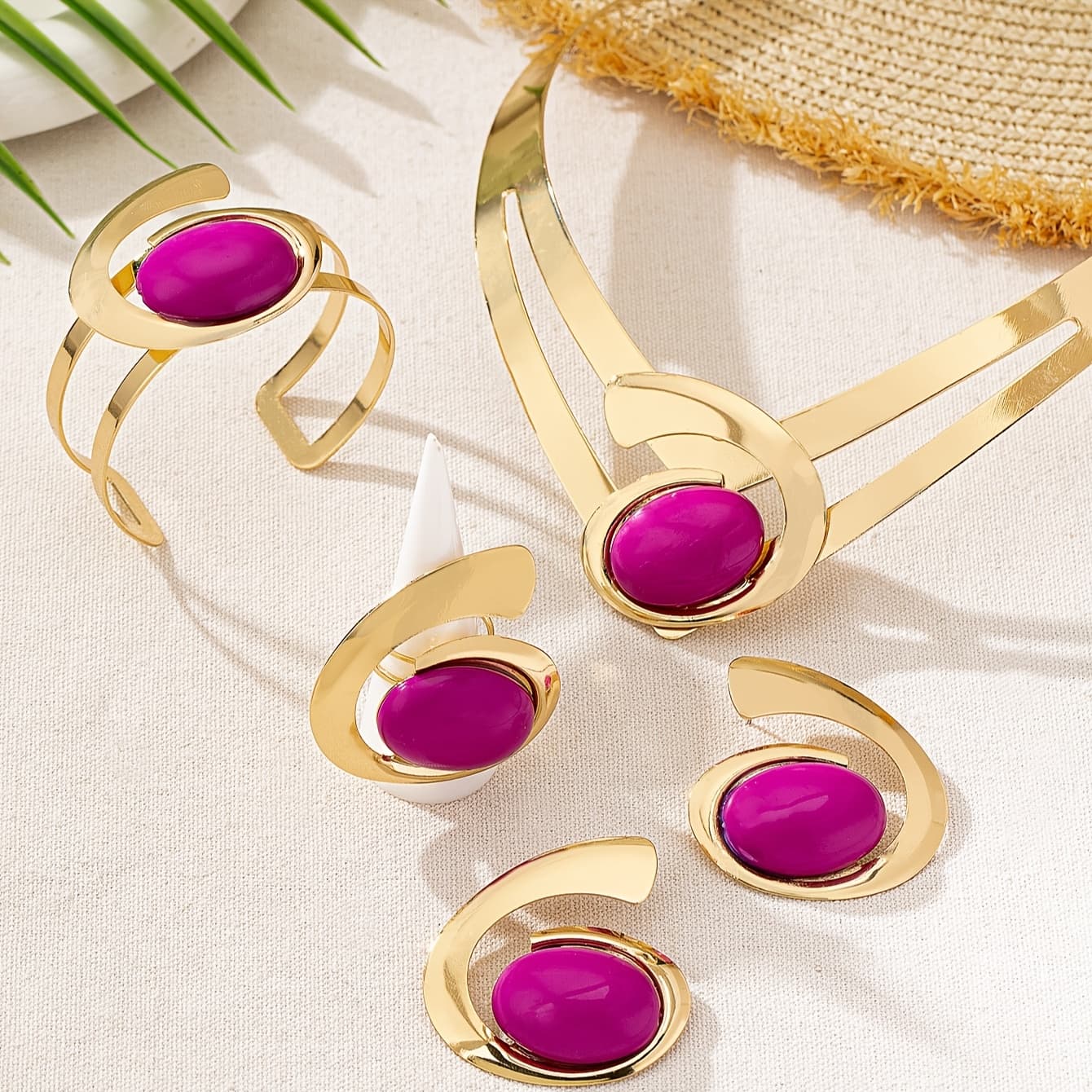 TEMU 5pcs/ Set Elegant Women's Jewelry Set - Asymmetric Gemstone Collar Necklace, Stud Earrings, Bracelet, And Ring - Plastic Inlay, Alloy Base, Perfect For Parties And Holidays, Wear