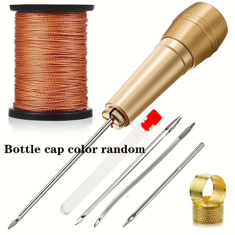 TEMU 1 Set Copper & Iron Leather Craft Awl Tool Kit, Shoemaking And Leather Repair Hand Punch With Needles And Thread For Diy Projects