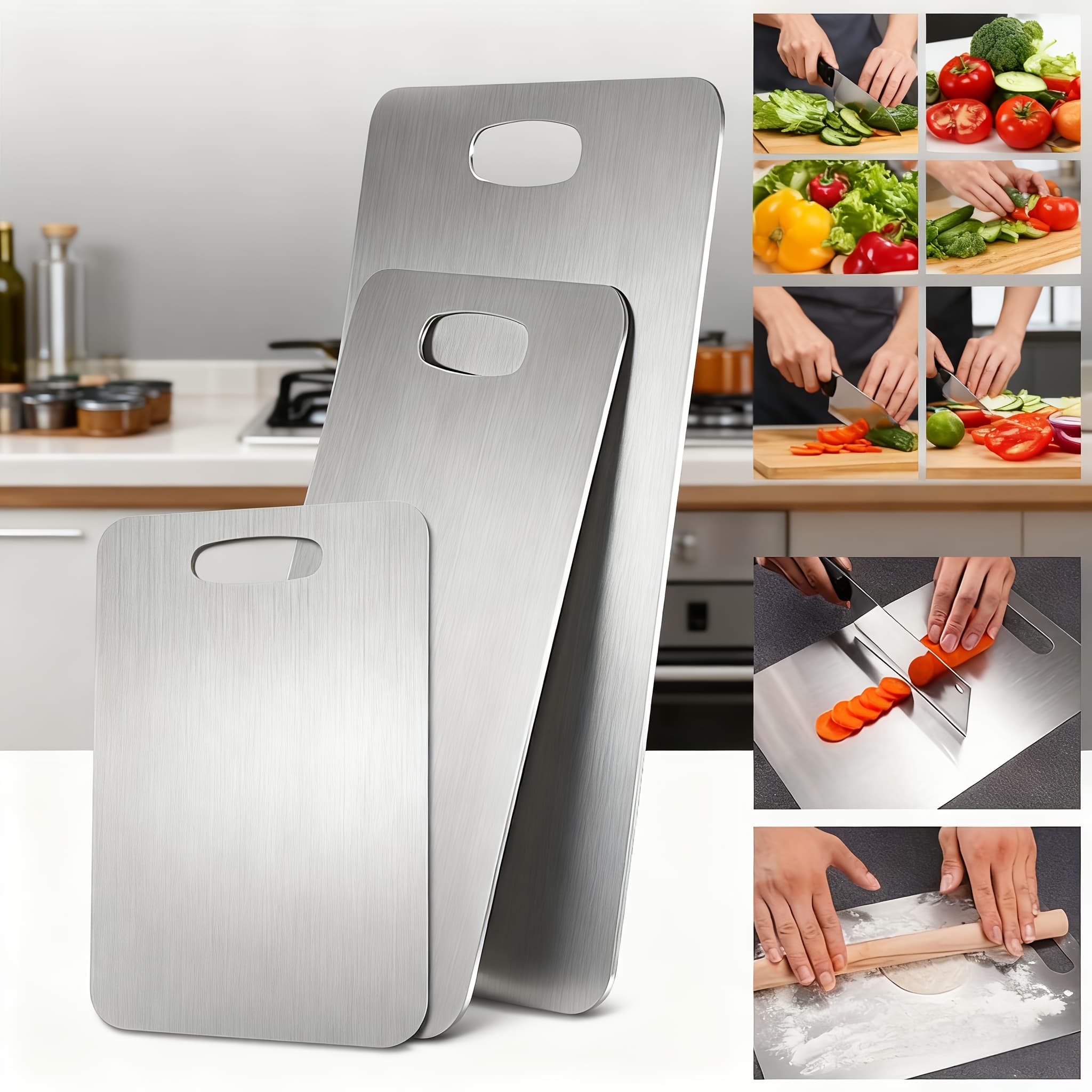 TEMU Stainless Steel Cutting Board Set Of 3 - Dual-sided Metal Chopping Boards For Kitchen, Portable Design For Meat, Vegetables,