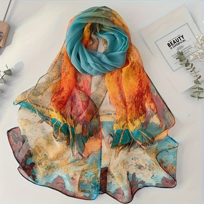 TEMU Bohemian Style Scarf Women's Elegant Birch Forest Print Chiffon Scarf Beach Suitable For Gifting And Self-use