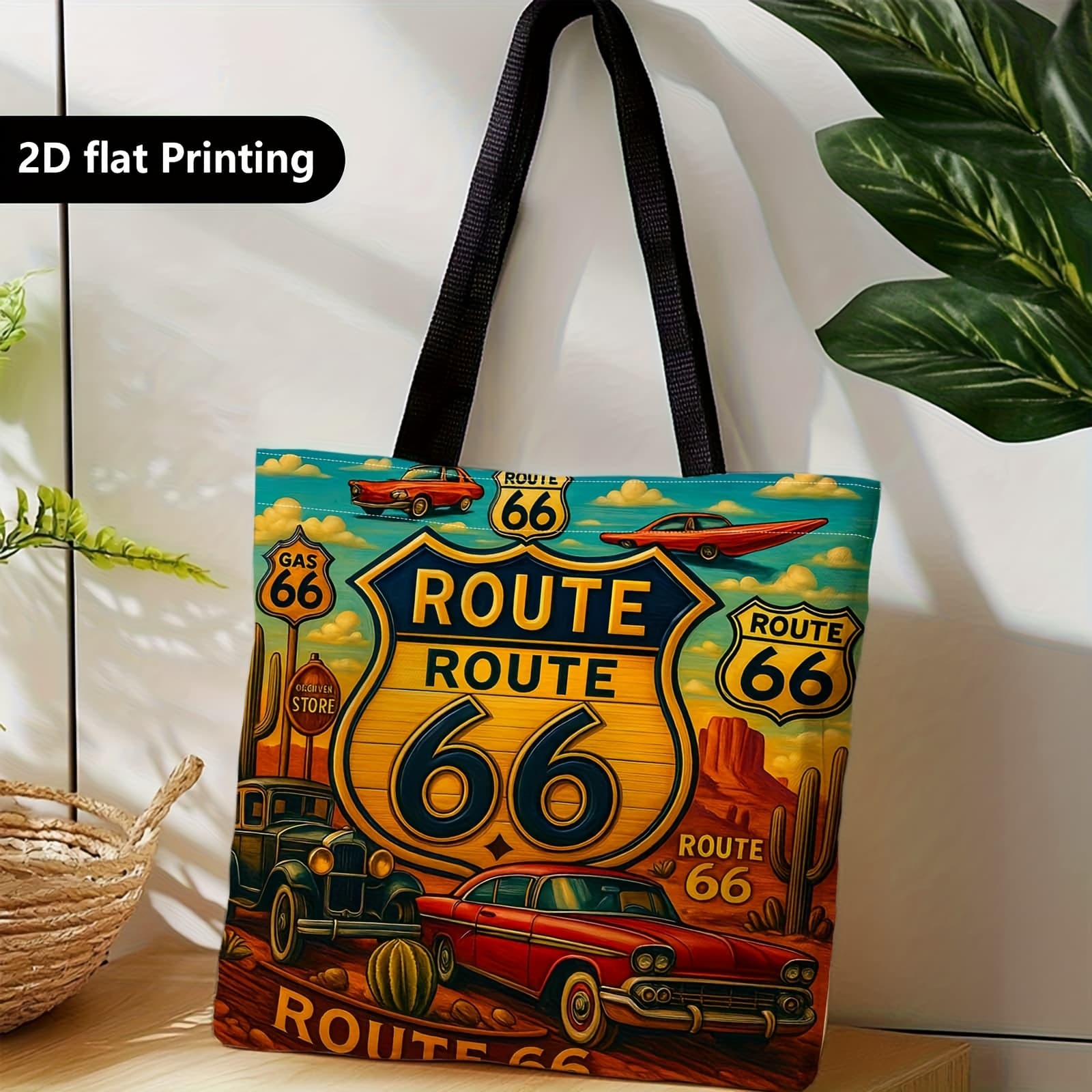 TEMU 1pc Vintage Tote Bag - Retro Road Trip Design With Route Print, Machine-washable Casual Handbag Suitable For Travel, Shopping, Daily Use & Gifts