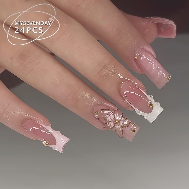 TEMU False Nails Square Press On Nails 24pcs, Flower Gilding Pearl Women's Fake Nails, Daily Reusable, Comes With Jelly Glue And Rubbing Strip