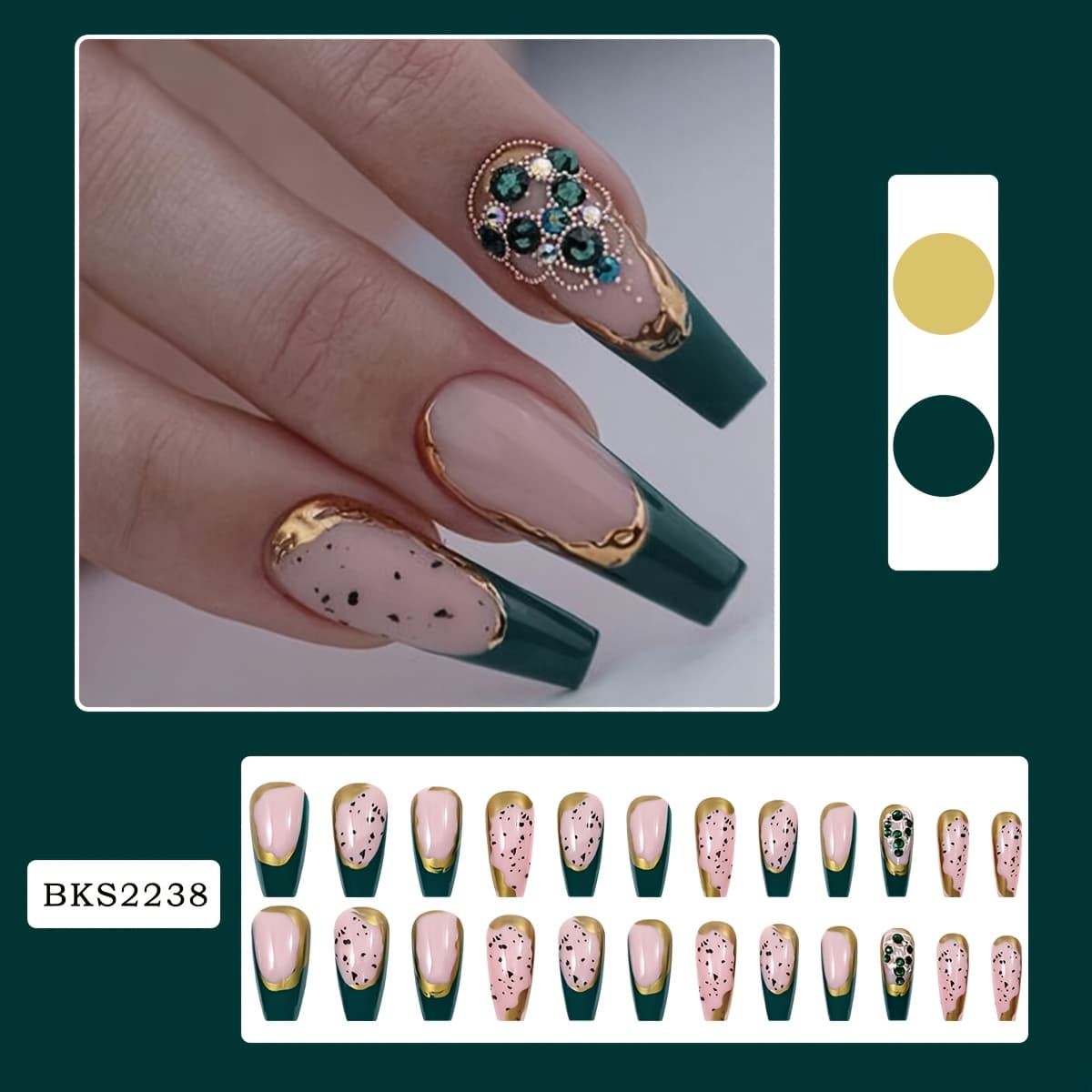 TEMU 24pcs Luxury Green French Coffin Fake Nails With & Emerald , Easy To Apply Glossy False Nails For Party & Wedding