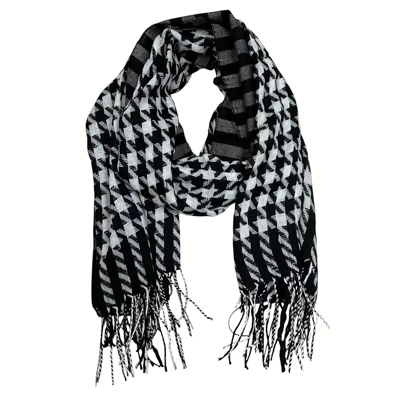 TEMU Elegant Yarn-dyed Pattern Acrylic Scarf With Fringe- Soft And Warm Winter Accessory