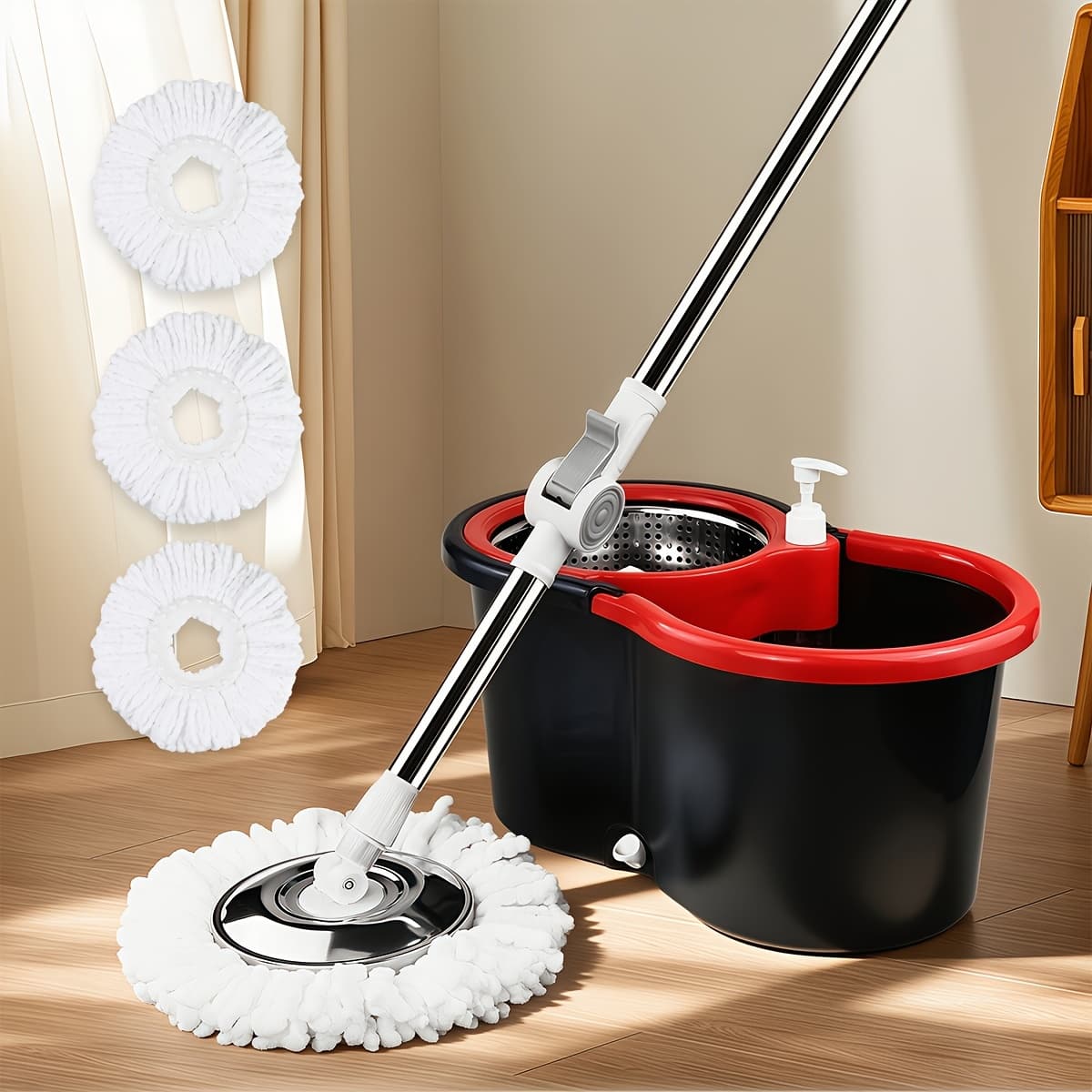 TEMU Mop And Bucket Set, Mop And Bucket With Wringer Set And 4 Microfiber Mop Refills, Extended Handle Spinning Mop For Floor Cleaning