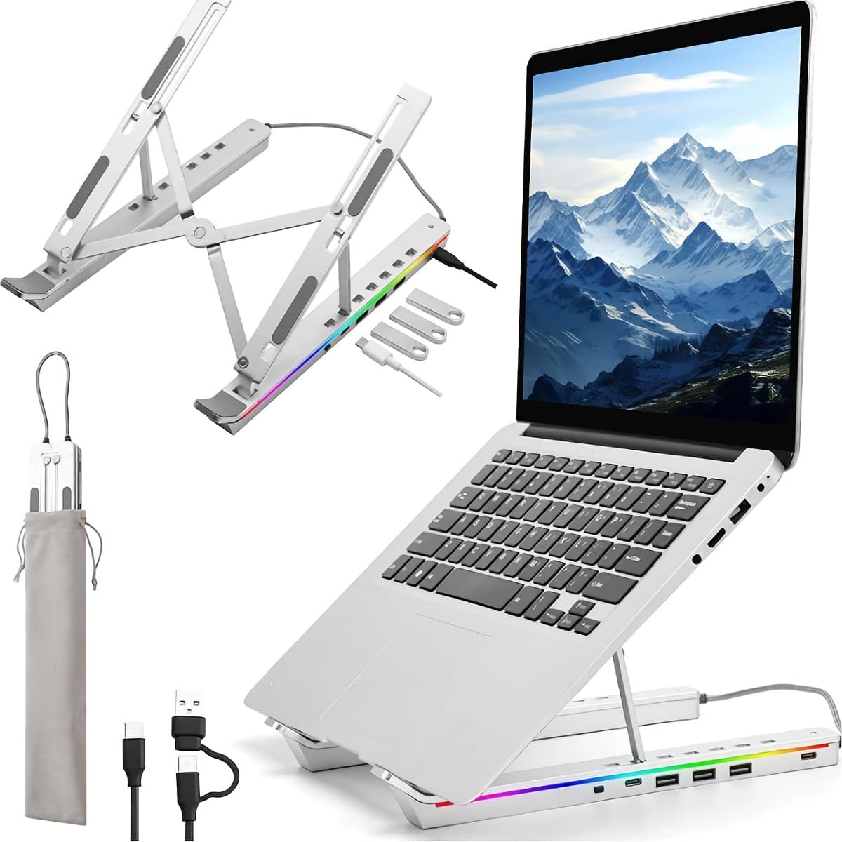 TEMU Laptop Stand With Docking Station For Desk, 4 In 1 (1 X Usb-c, 3 X Usb-a) Rgb Laptop Stand, Foldable Portable Cooling Laptop Holder, Adjustable For 12-18 Inch Laptops, Tablets