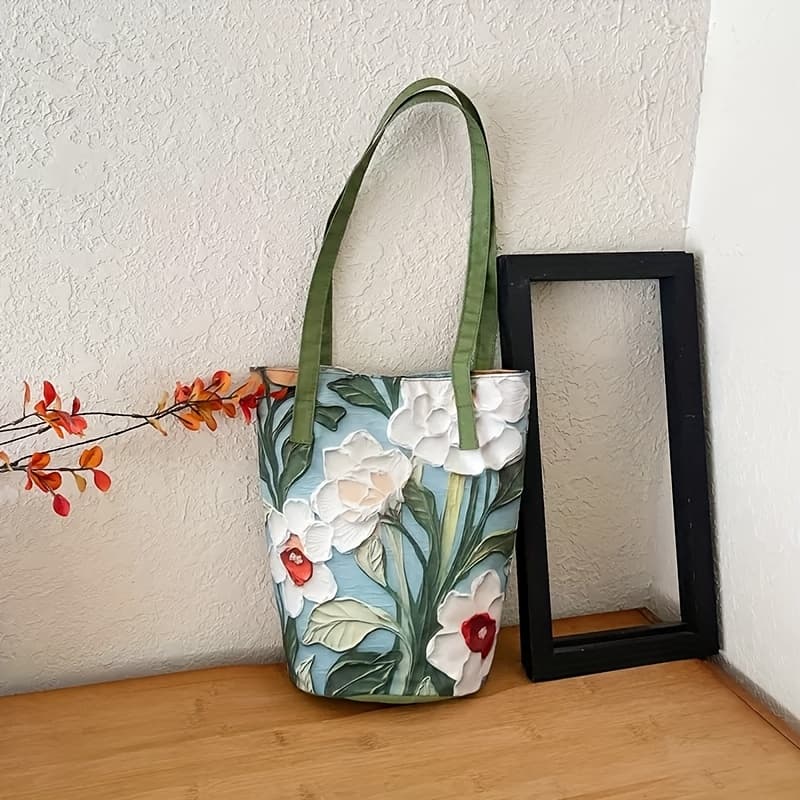 TEMU Fashion Oil Painting Handbag - Women's Trendy Lightweight Shoulder Bag, Summer Large Capacity Tote Bag, Shoulder Back And , Magnetic Closure, Suitable For Daily Commuting And Leisure Bucket Bag.