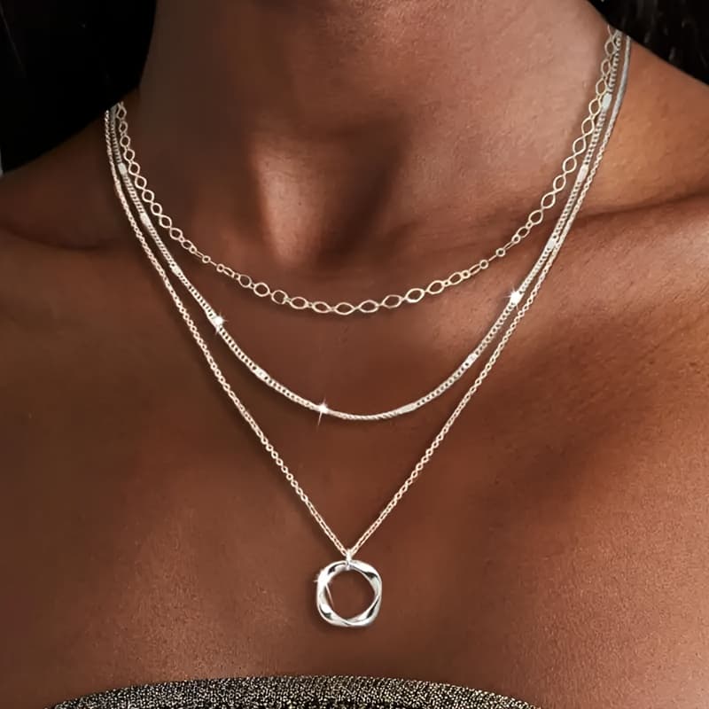 TEMU 925 Pure Silvery Fashion Women's Necklace, Round Pendant Trendy Stacking Design, Suitable For Party And Vacation Women's And Girls' Jewelry Gifts