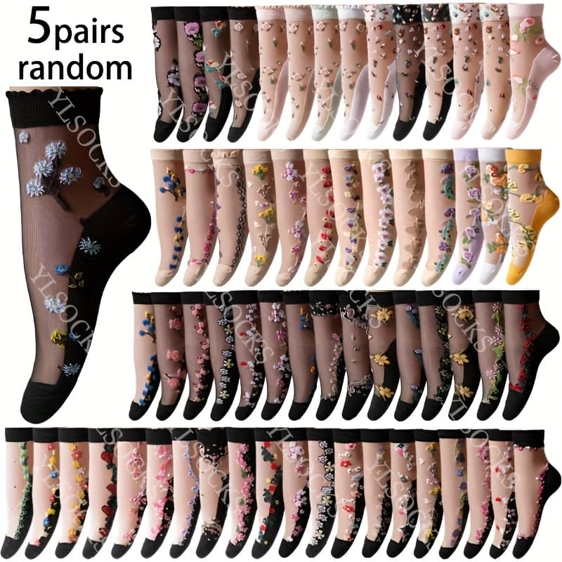 TEMU Random 5/10/15 Pairs Women's Floral Print Lace Soft Comfortable Breathable Sweat-absorbing Women's Mid-calf Socks