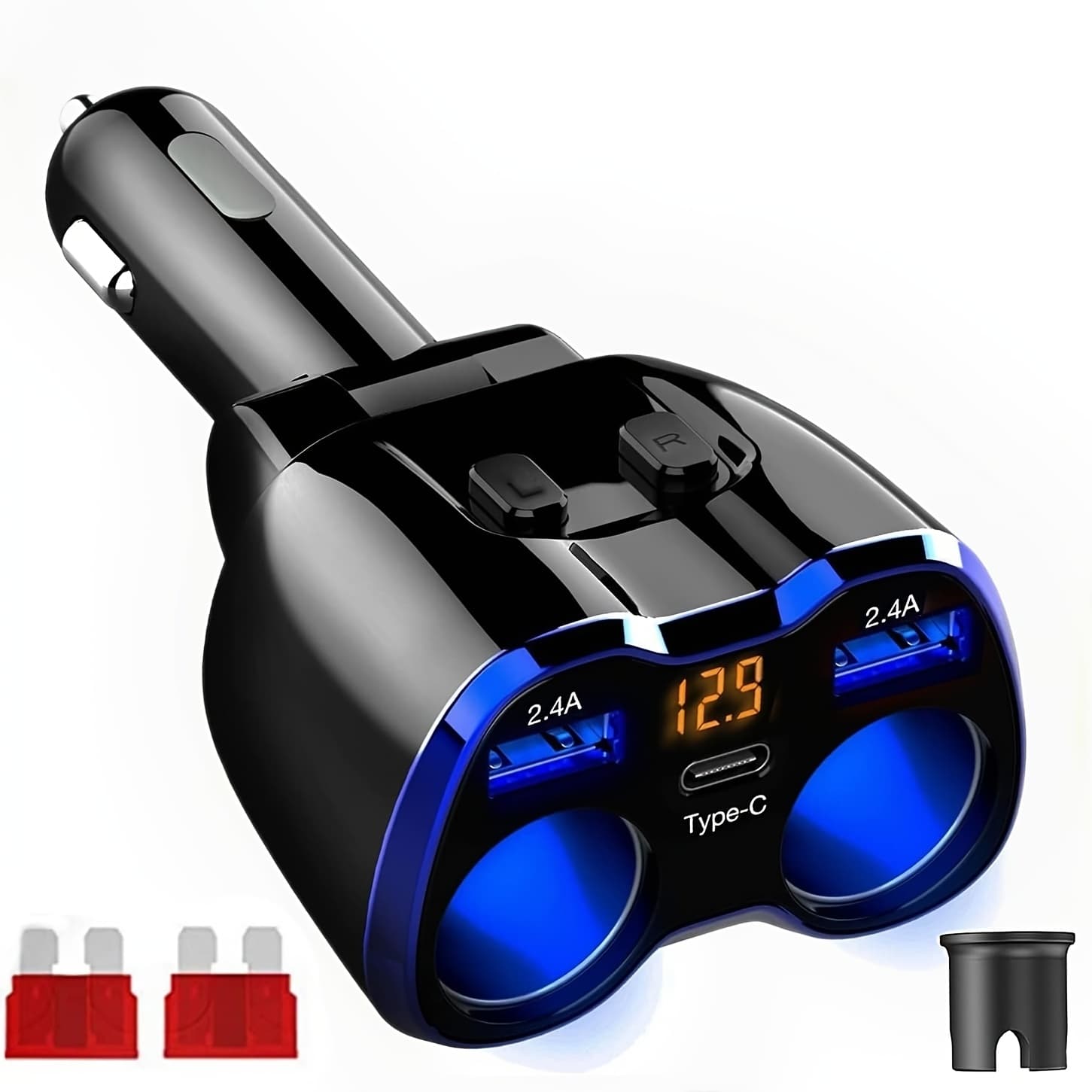 TEMU Car Charger Lighter Adaptor 120w Power Adapter 2 Way Power Outlet With Dual 2.4a Usb Adapter And Type C Port For Car