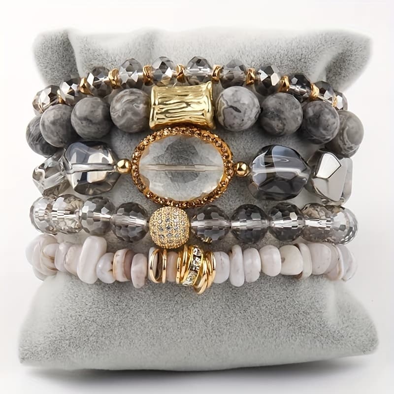TEMU 5pcs Natural Stone Beads Handmade Boho Chic Stretch Beaded Bracelet Set - Stackable, Multi-layered, Synthetic Zirconia Accented, For Daily And Vacation Wear - Perfect Gift For Friend Or Family