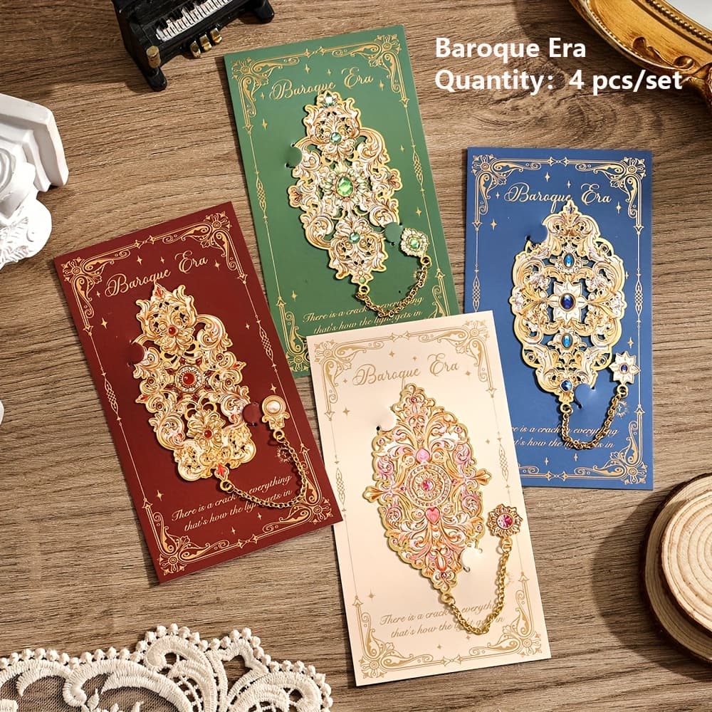 TEMU 4 Pack Vintage Baroque Metal Bookmarks - Large Hollow Gemstone Design With Elegant Chain Tassel, Unique For Book Lovers, Teachers, Collectors - Premium Stationery Supplies