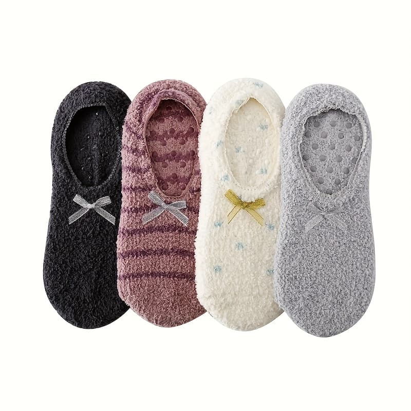 TEMU 4 Pairs Of Cozy, Non-slip Women's Plush Slippers, Ideal For Yoga And Pilates, Featuring Thick, Soft Material And A Decorative Bow, Perfect For Winter Relaxation At Home