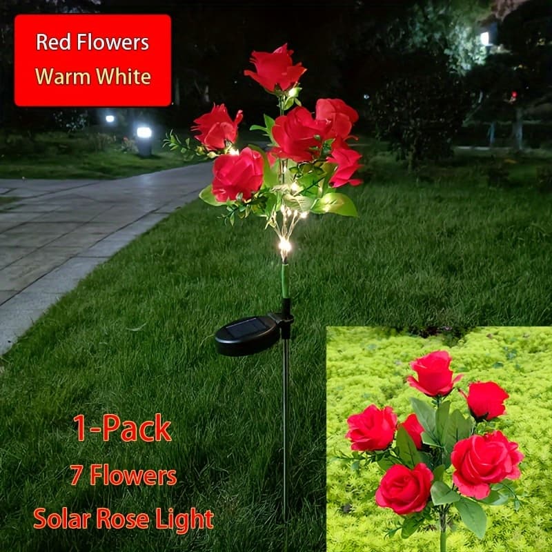 TEMU 1pc 2025 New 7 Rose Flowers Solar Light 42 Led Simulated Flower Lights With Warm White Light, Ip65 Waterproof, Outdoor Solar Garden Decoration Lawn Light Stake Light