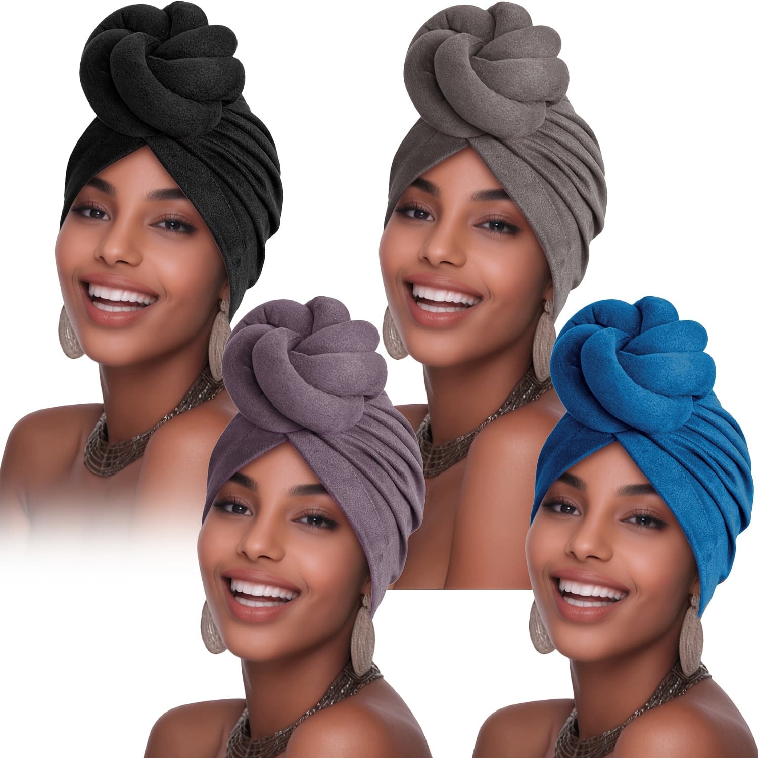 TEMU 4pcs Chic Pre-made Knotted Turban Elegant, Lightweight Suede, Pleated Head Wrap For Special Occasions