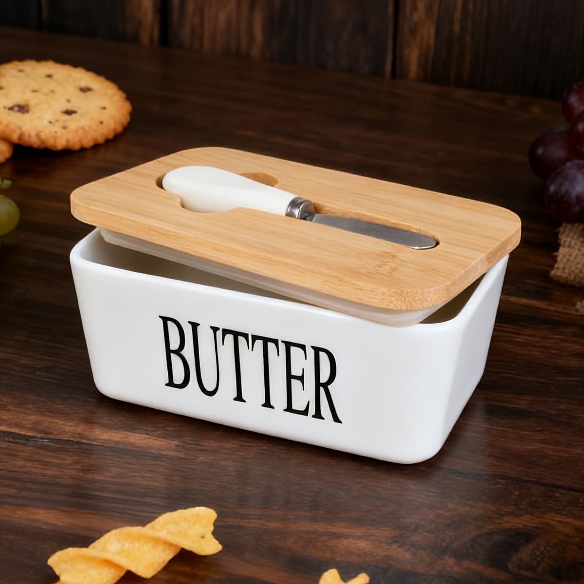 TEMU 1pc Luxury Large Butter Dish With Lid - Ceramic Countertop Keeper With Knife High-quality Sealing And Easy- - Gift For Butter Lovers Butter Container