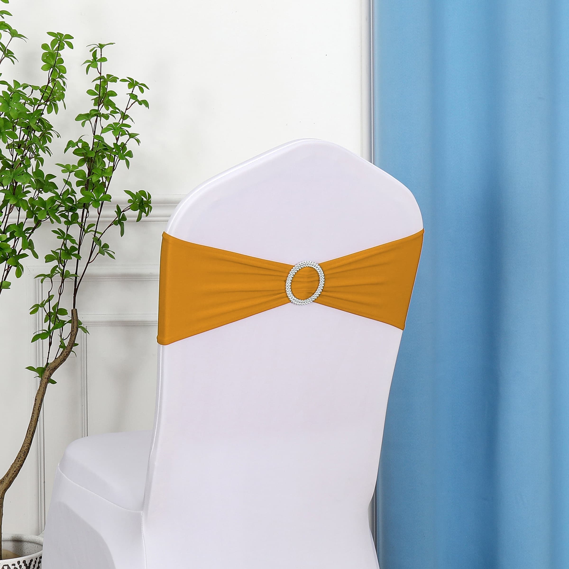 TEMU 20pcs Spandex Chair Sashes Bows Universal Elastic Chair Bands For Wedding Party Ceremony Reception Banquet Decoration (golden)