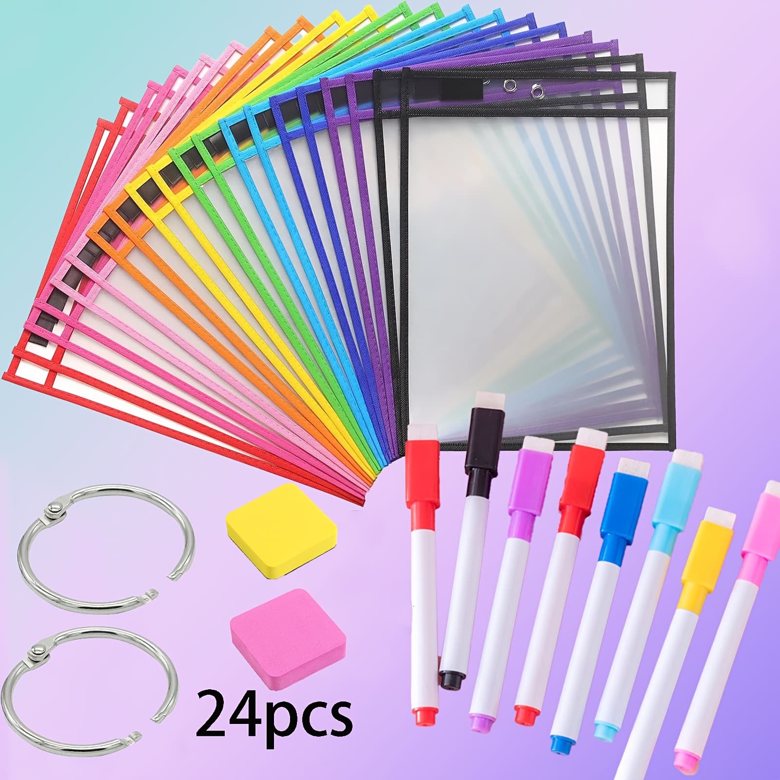 TEMU 23pcs Or 24pcs Of Dry Wipe Pocket Ring, 10 Pockets + 8 Pens + 4 Clasps + 2 Erasers, Transparent Plastic Cover, Protective Case, Suitable For Teachers And For Learning Supplies
