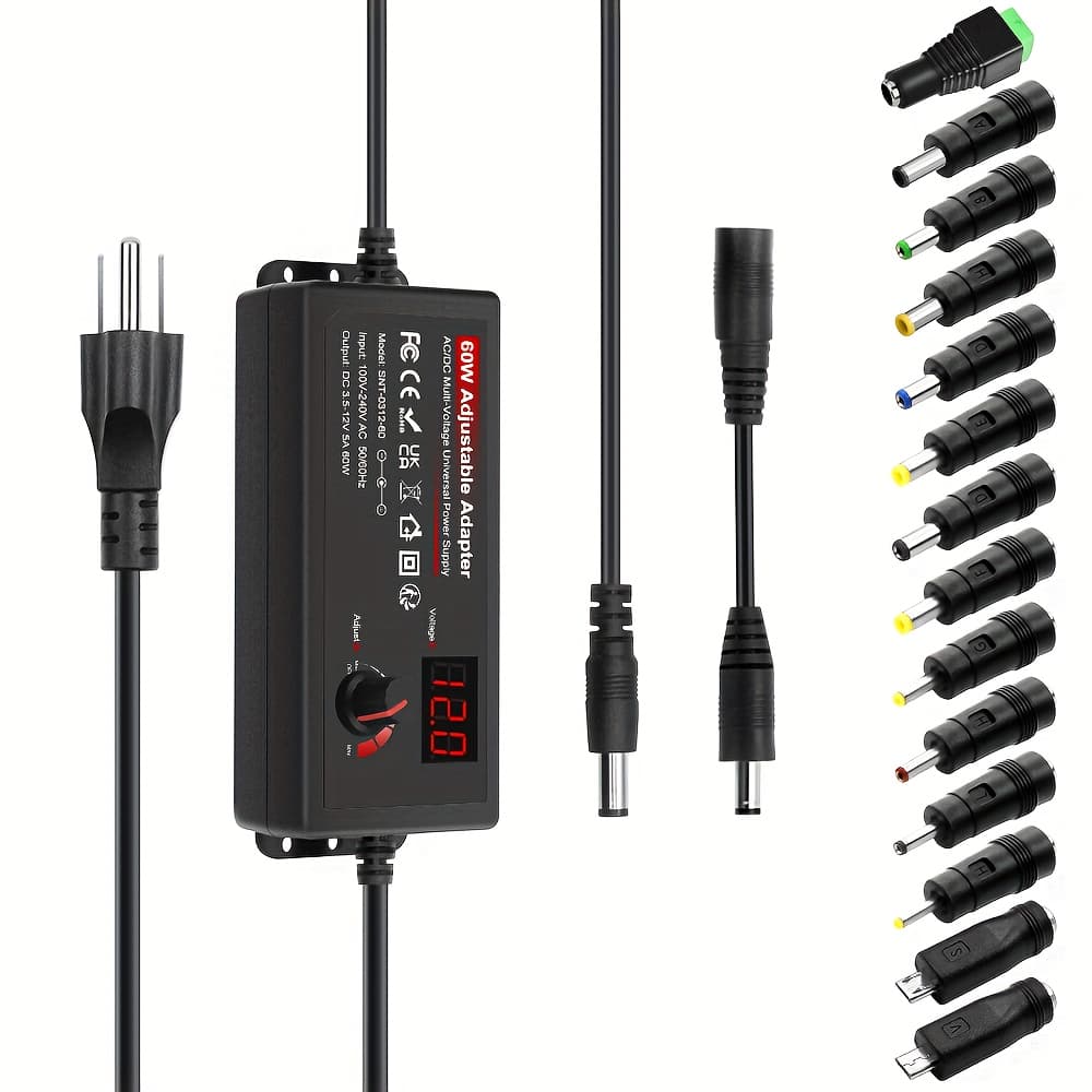 TEMU 3v-12v 5a 60w Power Supply Adjustable 3v 5v 6v 9v 10v 10.5v 11v 12v Variable Ac/ Adapter 100v-240v Ac To Converter With 14 Tips Display, Suitable For A Of