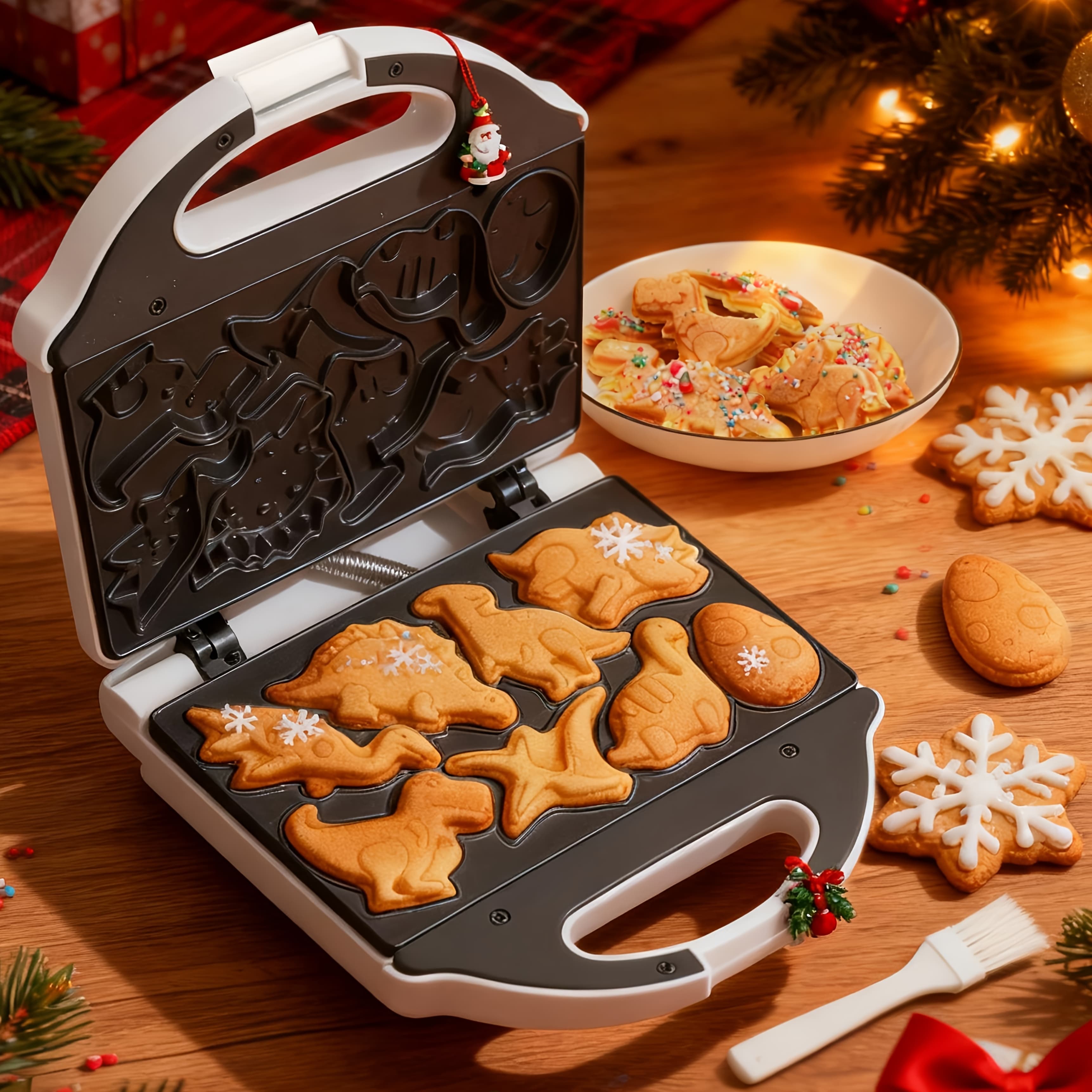 TEMU Electric 8 Different Shaped Waffle Maker, Dinosaur Pattern Pancake Maker, Plate, White