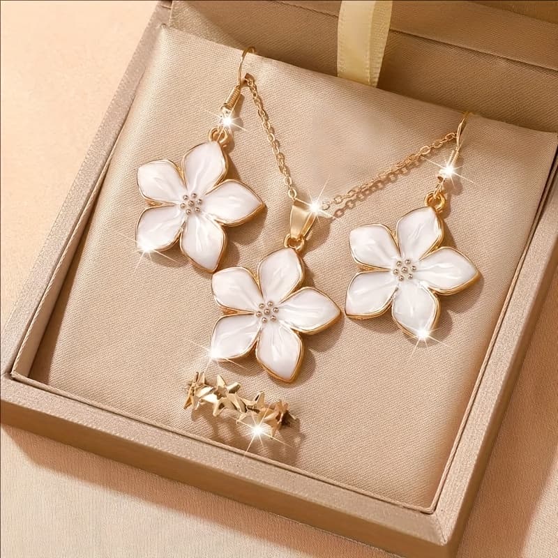 TEMU Ladies White Flower Elegant Fashion Earrings Necklace Ring Jewelry 4pcs Set