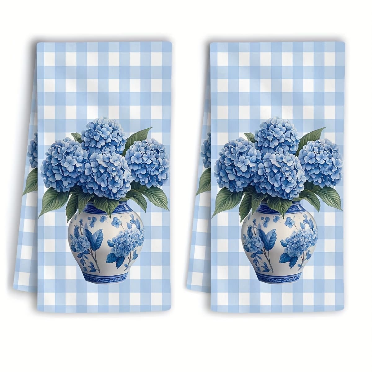 TEMU Of Hydrangea Checkered Kitchen Towels - Made From Absorbent Polyester, Featuring A Contemporary Floral Cartoon Design Ideal For Home Decoration, A Great Gift For Easter Or Housewarming