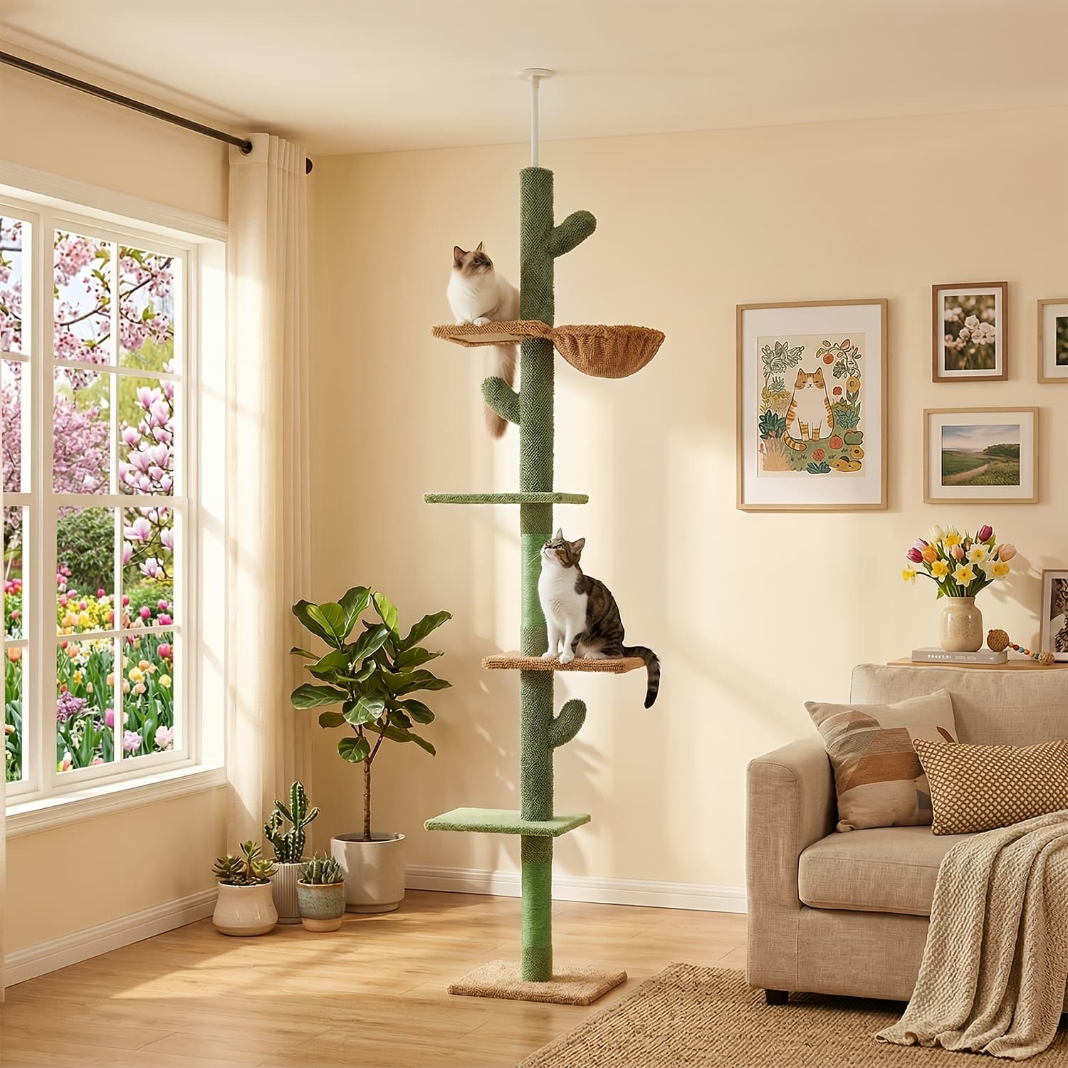 TEMU 90-107" Floor To Ceiling Cat Tree Tower 4 Tier Tall Cat Climbing Posts Adjustable, Gray, Black, Khaki